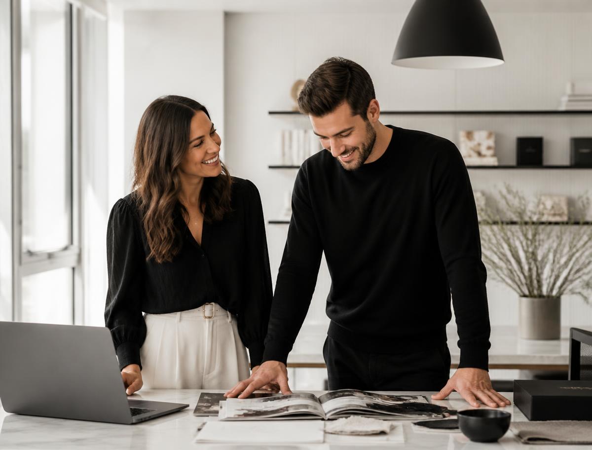 Business owners reviewing plans in a bright office