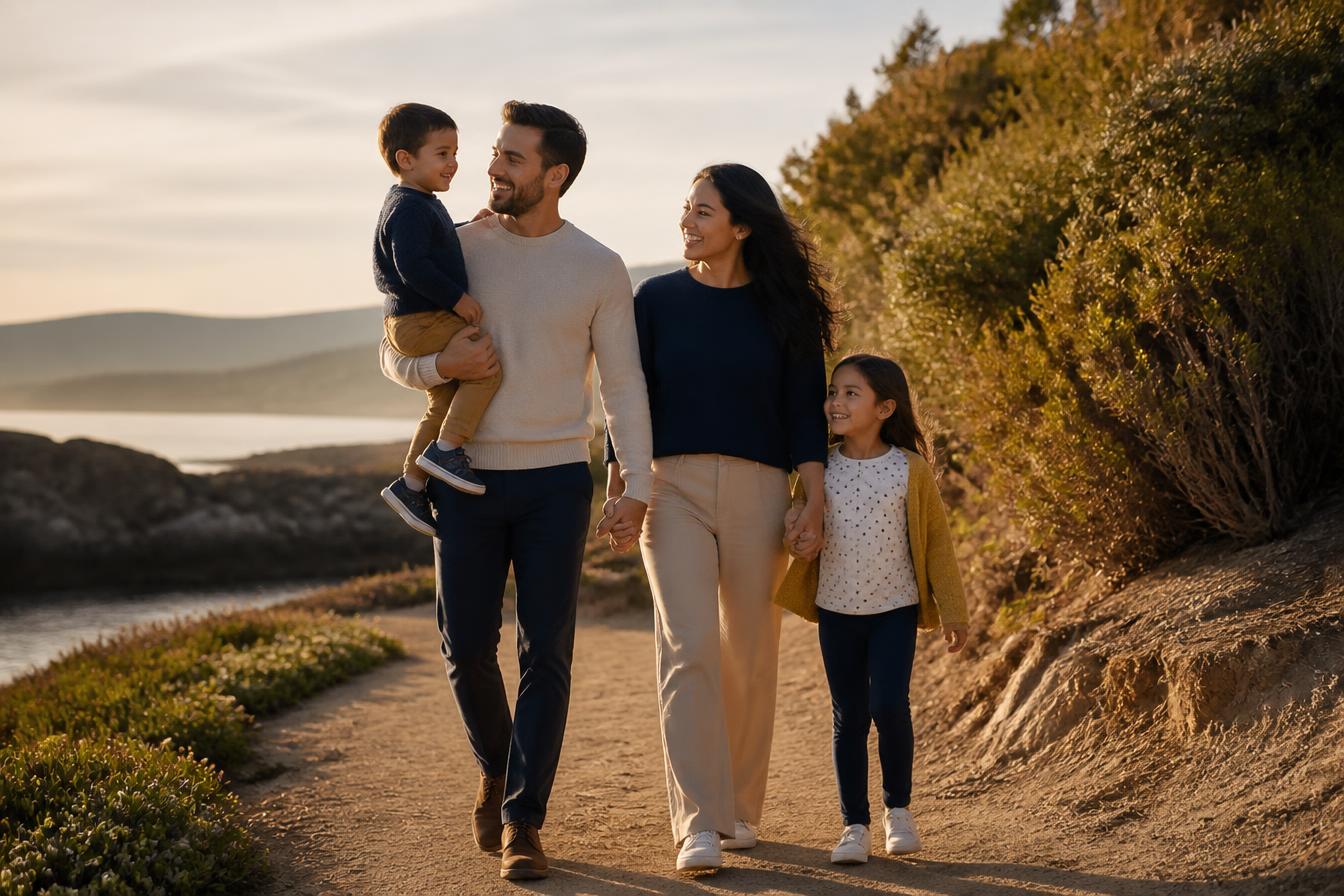 A healthy family walking together outdoors