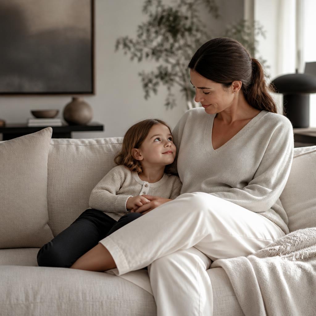 Mother and child relaxing together on a light-filled sofa